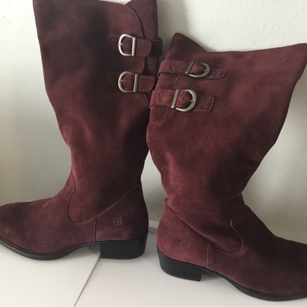 Born Women's Mid-Calf Buckle Boots in Burgundy Suede